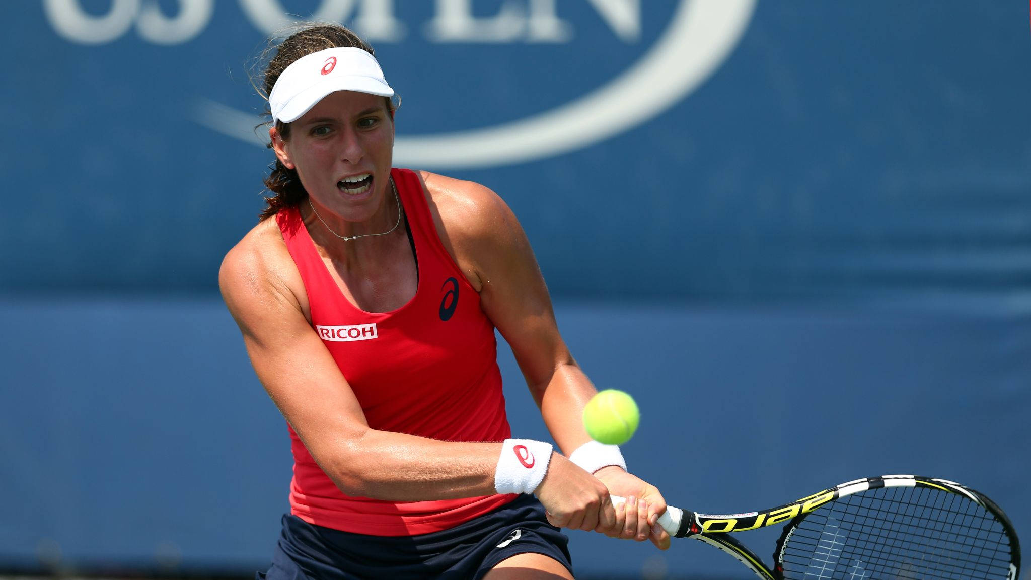 Johanna Konta, red top, white visor, Full HD Desktop Wallpaper