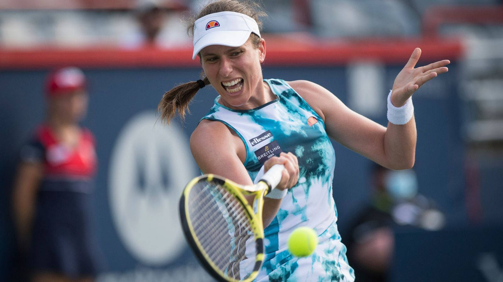 Johanna Konta, blue tie-dye outfit, bright yellow tennis ball, HD Desktop Wallpaper