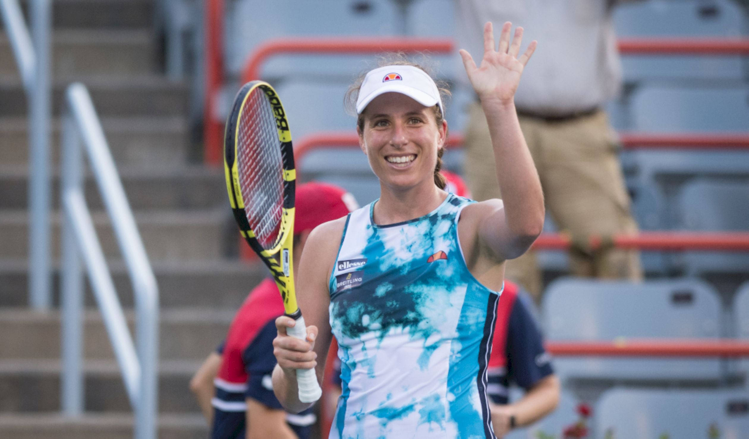 Johanna Konta, blue tie-dye top, yellow and black racket, Full HD Desktop Wallpaper