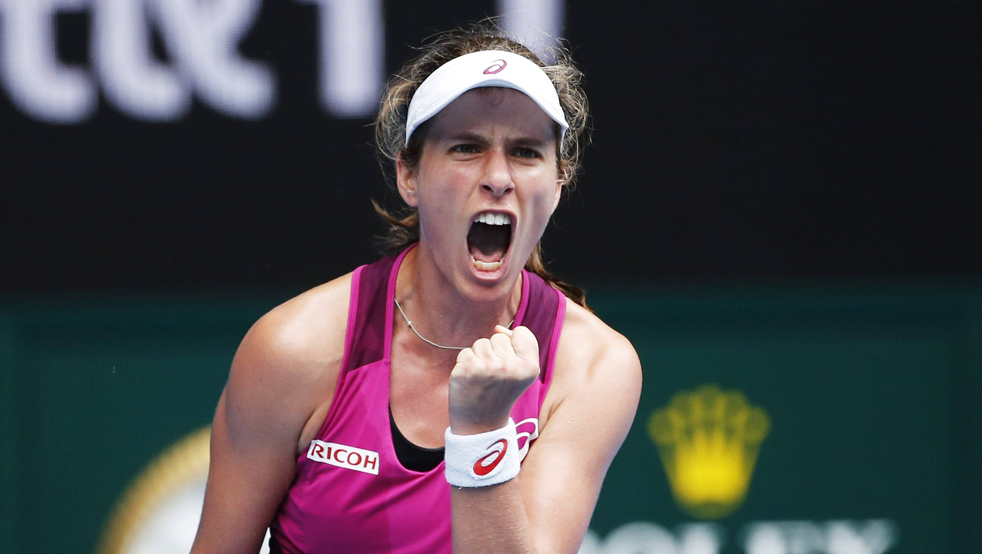 Johanna Konta, pink outfit, tennis court, 2K Desktop Wallpaper