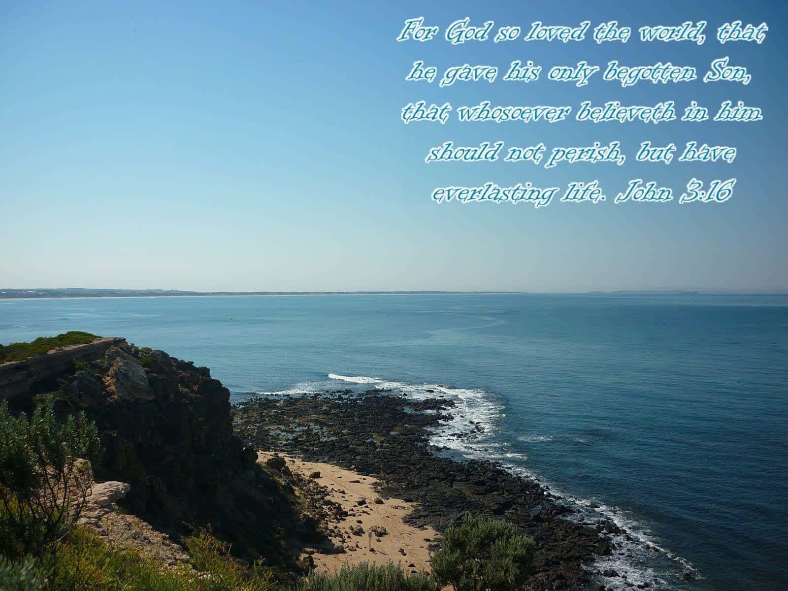 John 3:16, coastal cliffside, vast blue ocean, HD Desktop Wallpaper