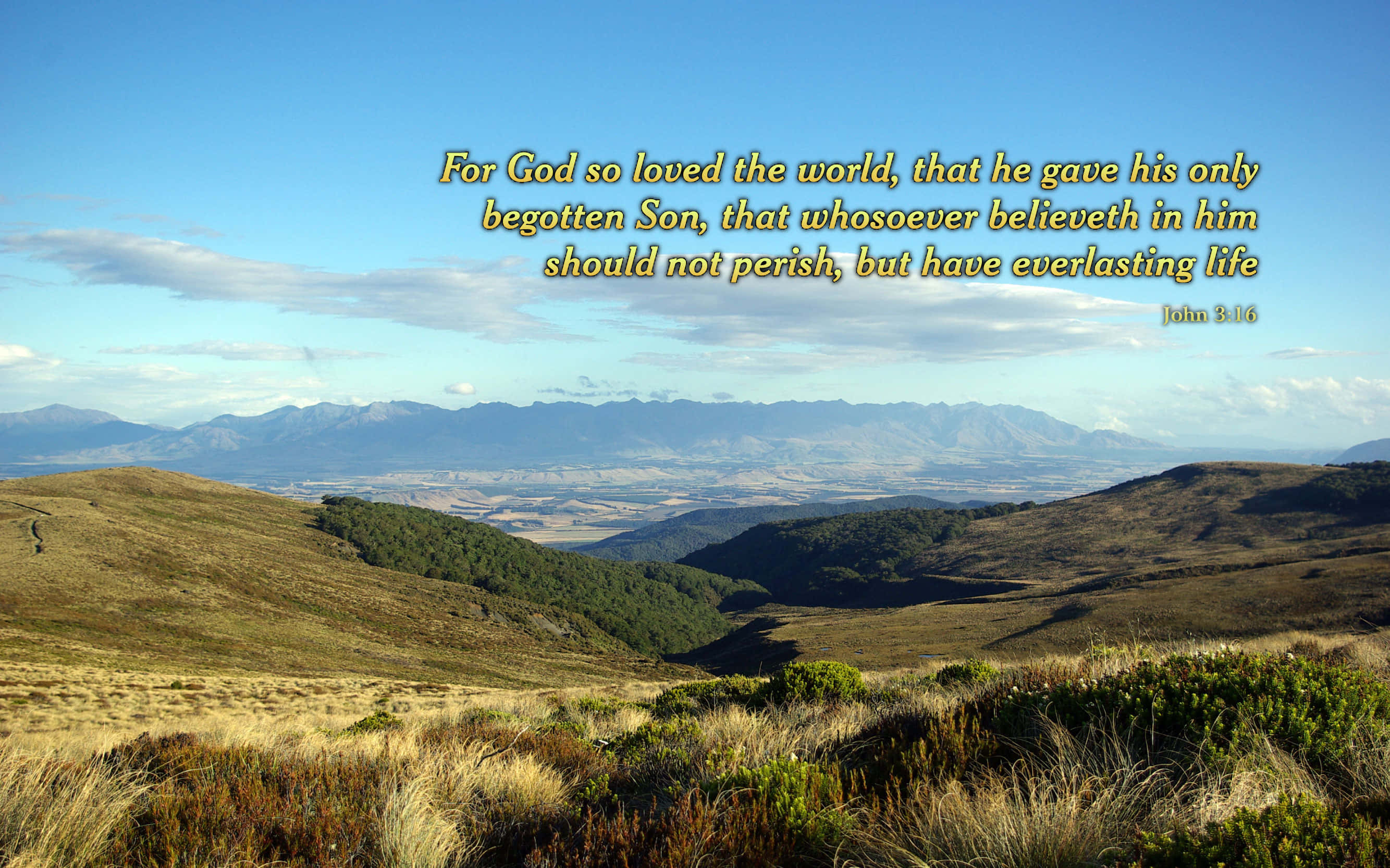 John 3:16, golden hills, distant mountains, 2K Desktop Wallpaper