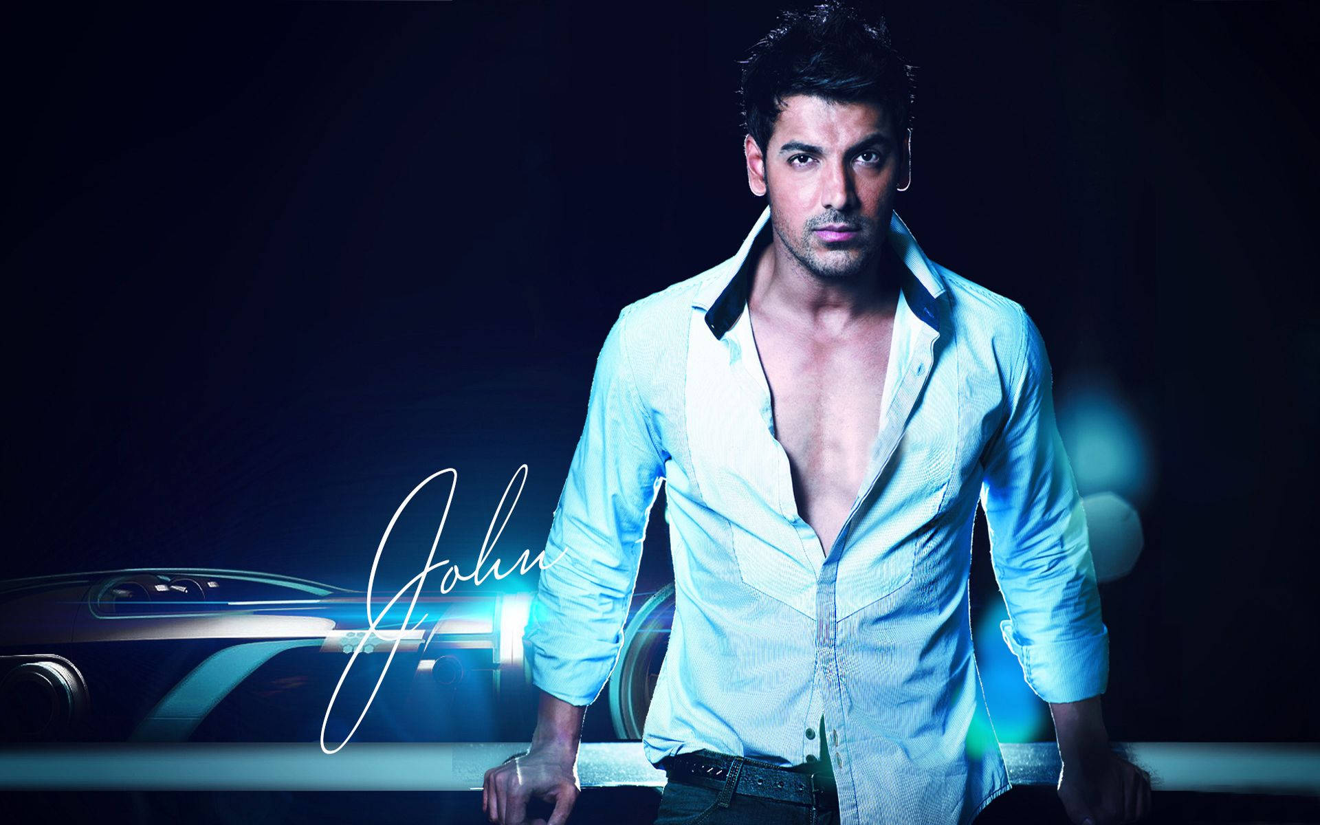 John Abraham, light blue open shirt, dark background, Full HD Desktop Wallpaper