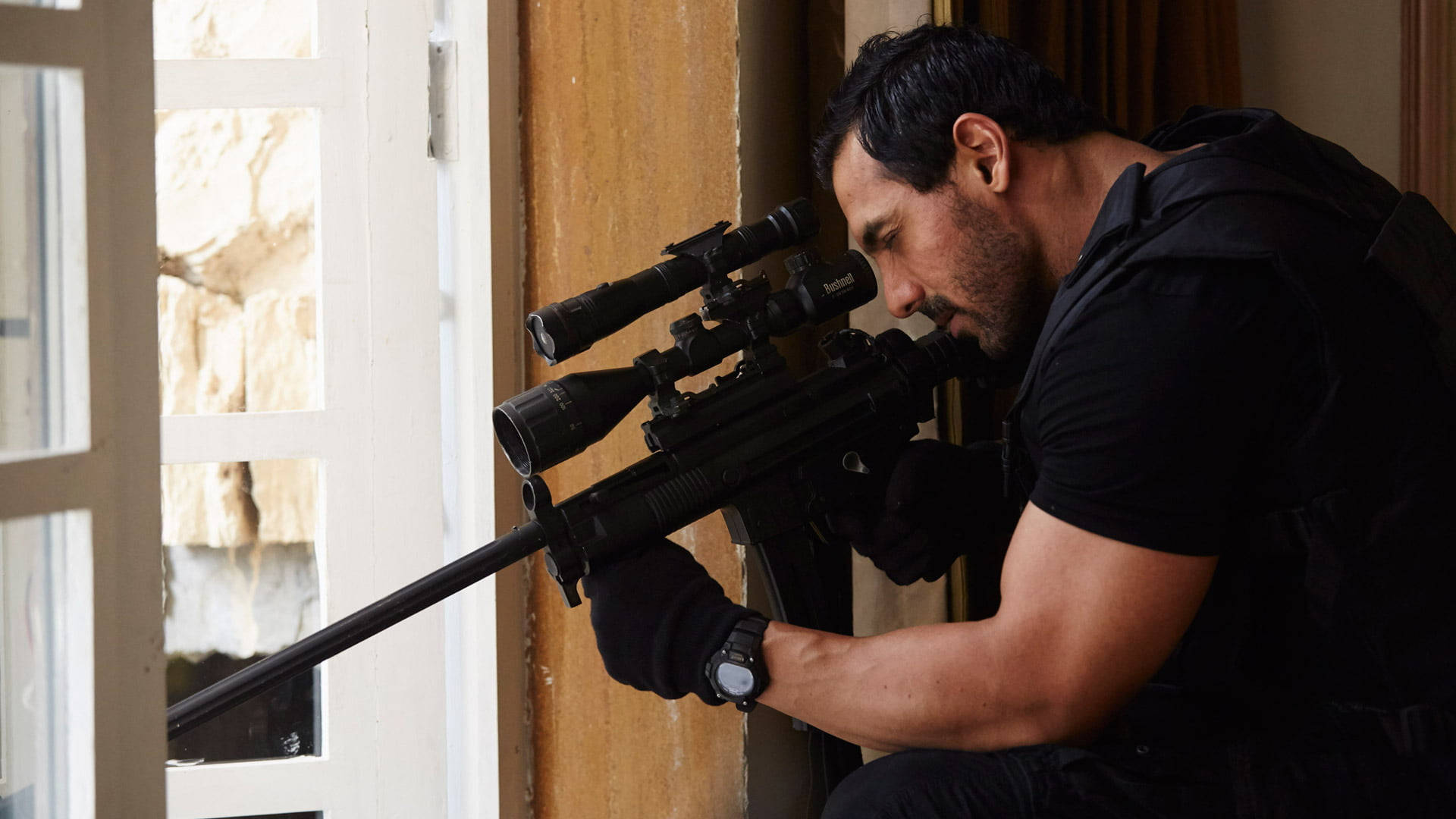 John Abraham, sniper rifle, black tactical gear, Full HD Desktop Wallpaper