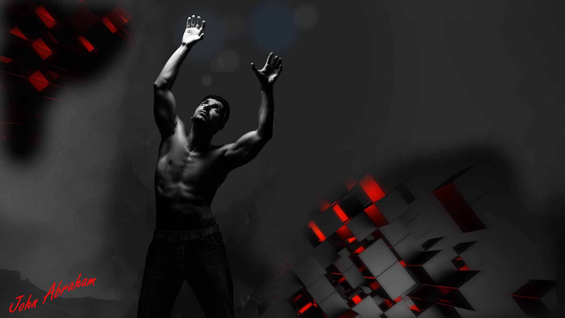 John Abraham, black and red geometric abstract background, muscular man, Full HD Desktop Wallpaper