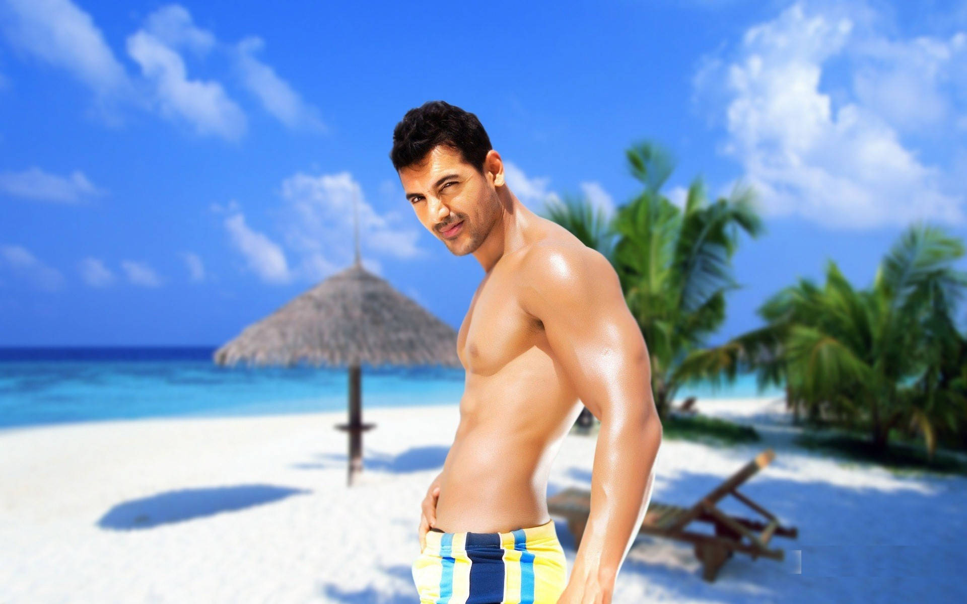 John Abraham, striped swim trunks, white sandy beach, Full HD Desktop Wallpaper