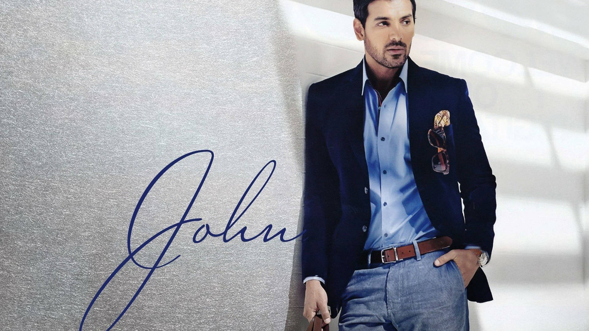 John Abraham, navy blazer, blue shirt, Full HD Desktop Wallpaper
