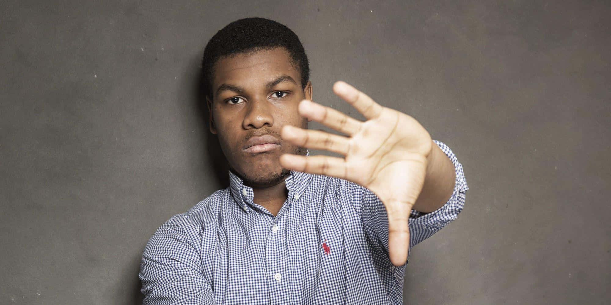 John Boyega, checkered shirt, plain gray background, Full HD Desktop Wallpaper
