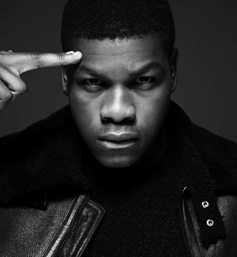 John Boyega, leather jacket, black and white portrait, SD Phone Wallpaper