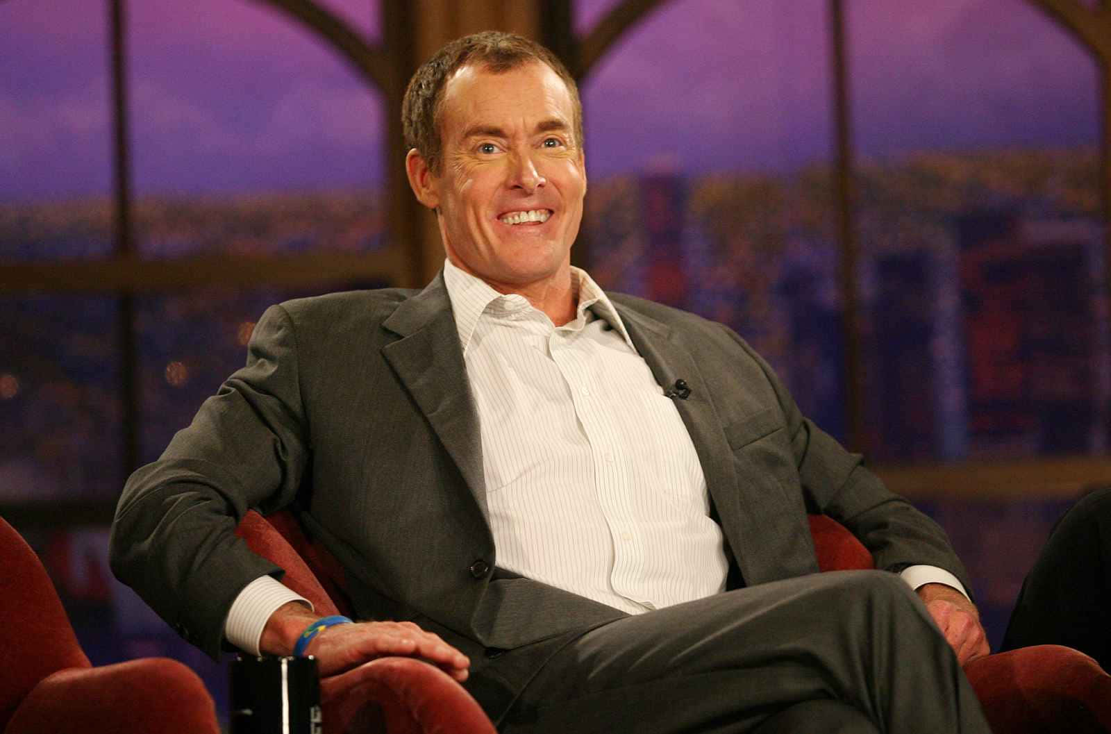 John C. McGinley, gray suit, red armchair, HD Desktop Wallpaper