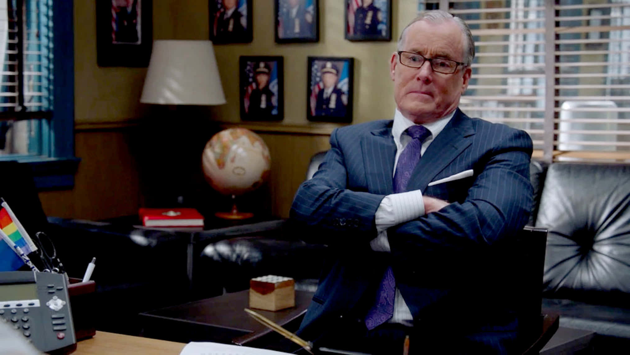 John C. McGinley, pinstripe suit, leather chair, Full HD Desktop Wallpaper