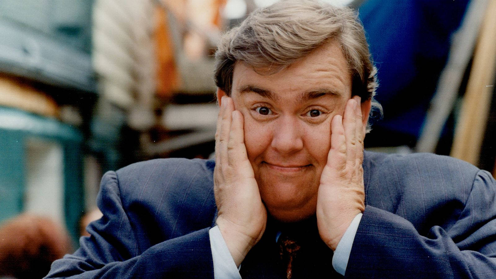 John Candy, blue suit, urban backdrop, HD Desktop Wallpaper
