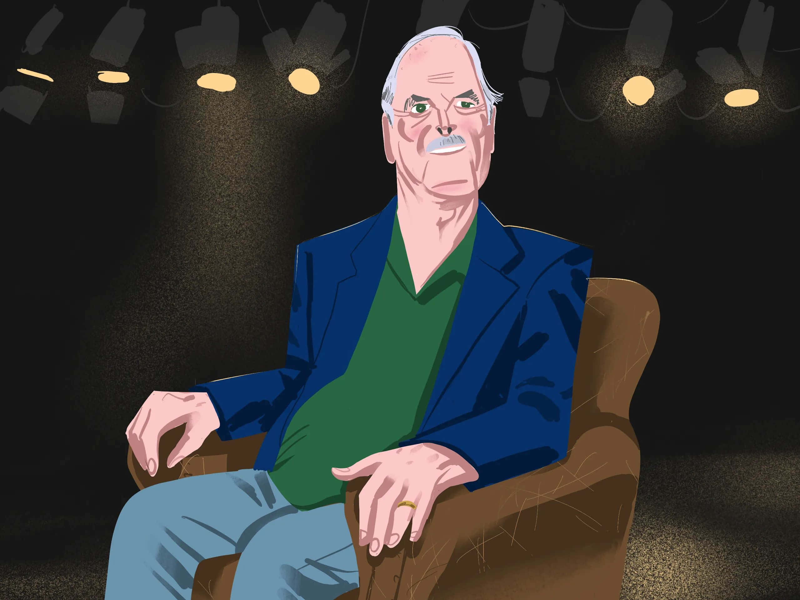 John Cleese, brown armchair, warm stage lights, Full HD Desktop Wallpaper