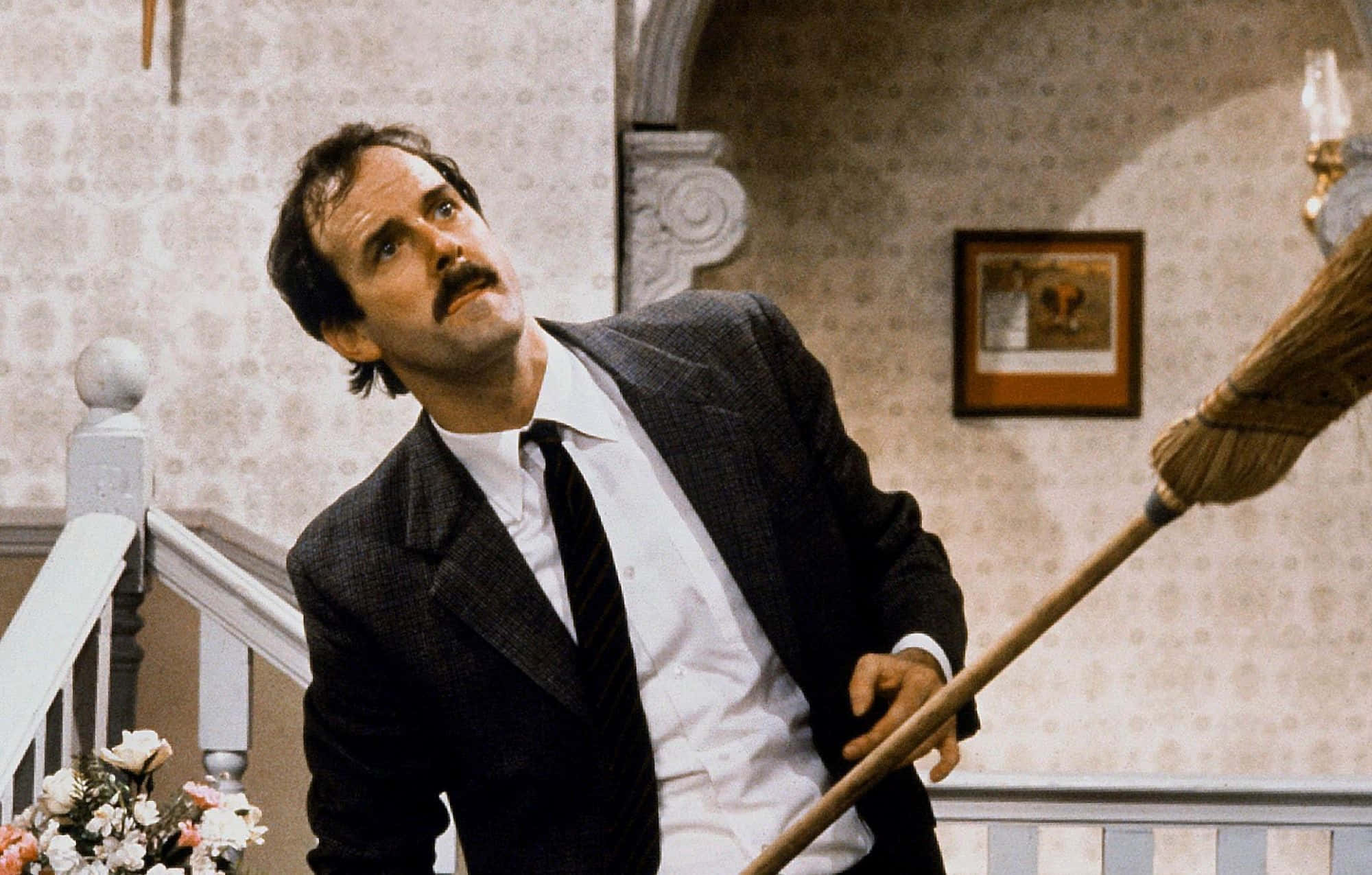 John Cleese, broom, vintage patterned wallpapered room, Full HD Desktop Wallpaper