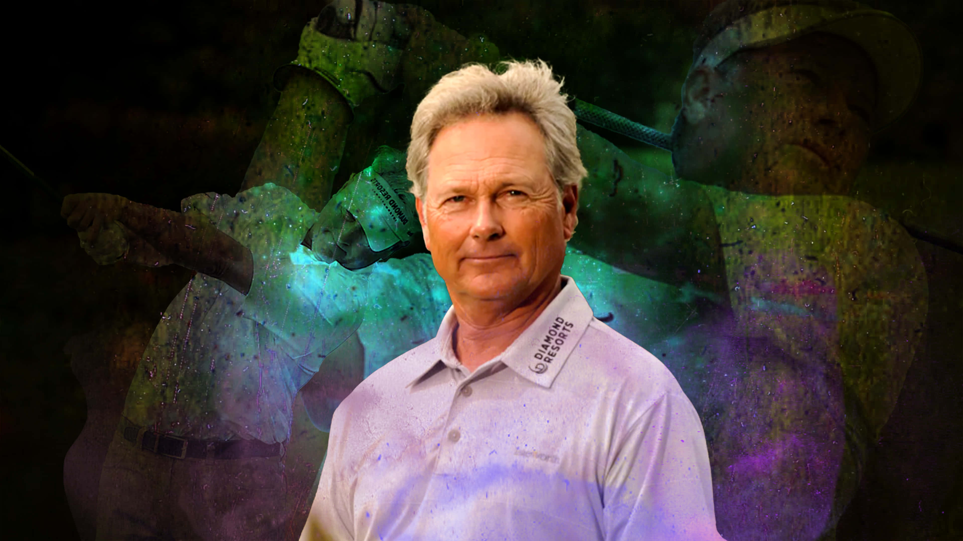 John Cook, light purple polo shirt, glowing green and purple ghostly overlay, 4K Desktop Wallpaper