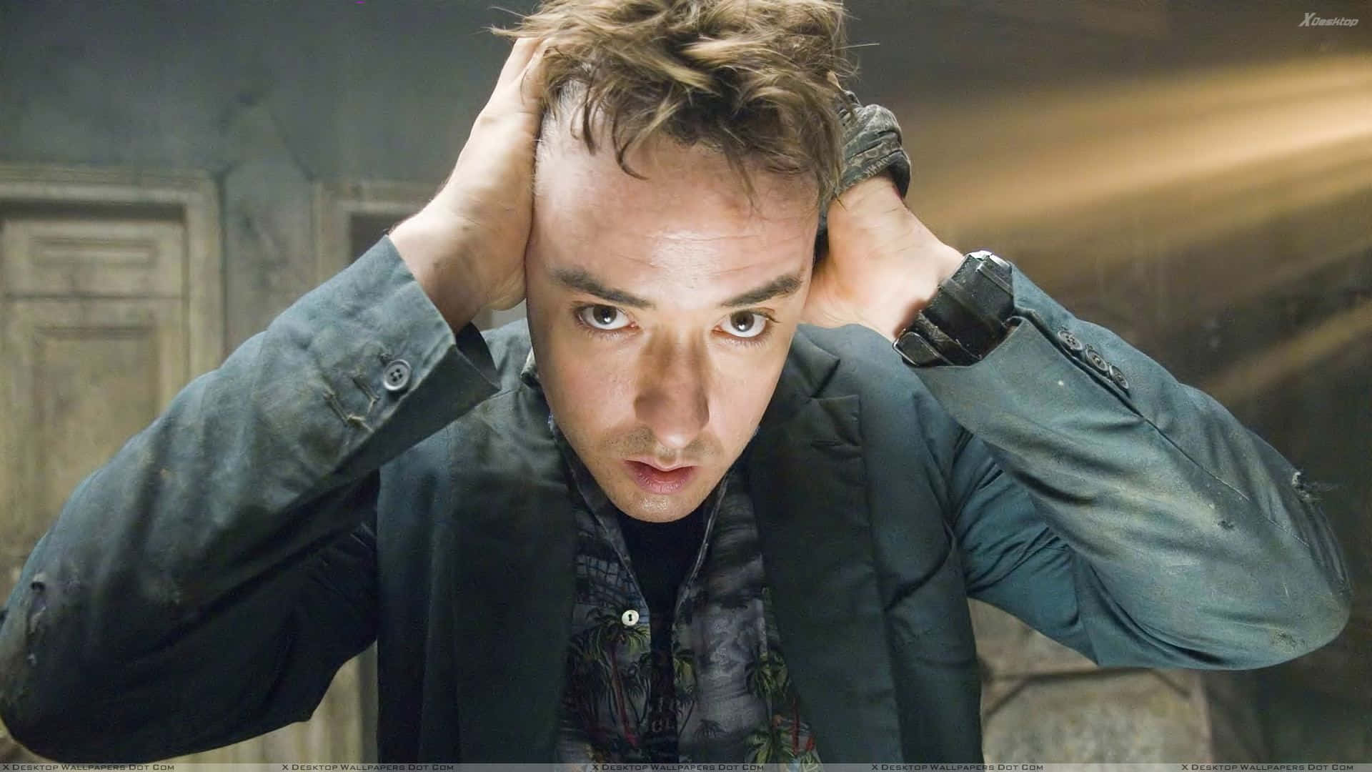 John Cusack, tousled hair, dimly lit stone wall, Full HD Desktop Wallpaper