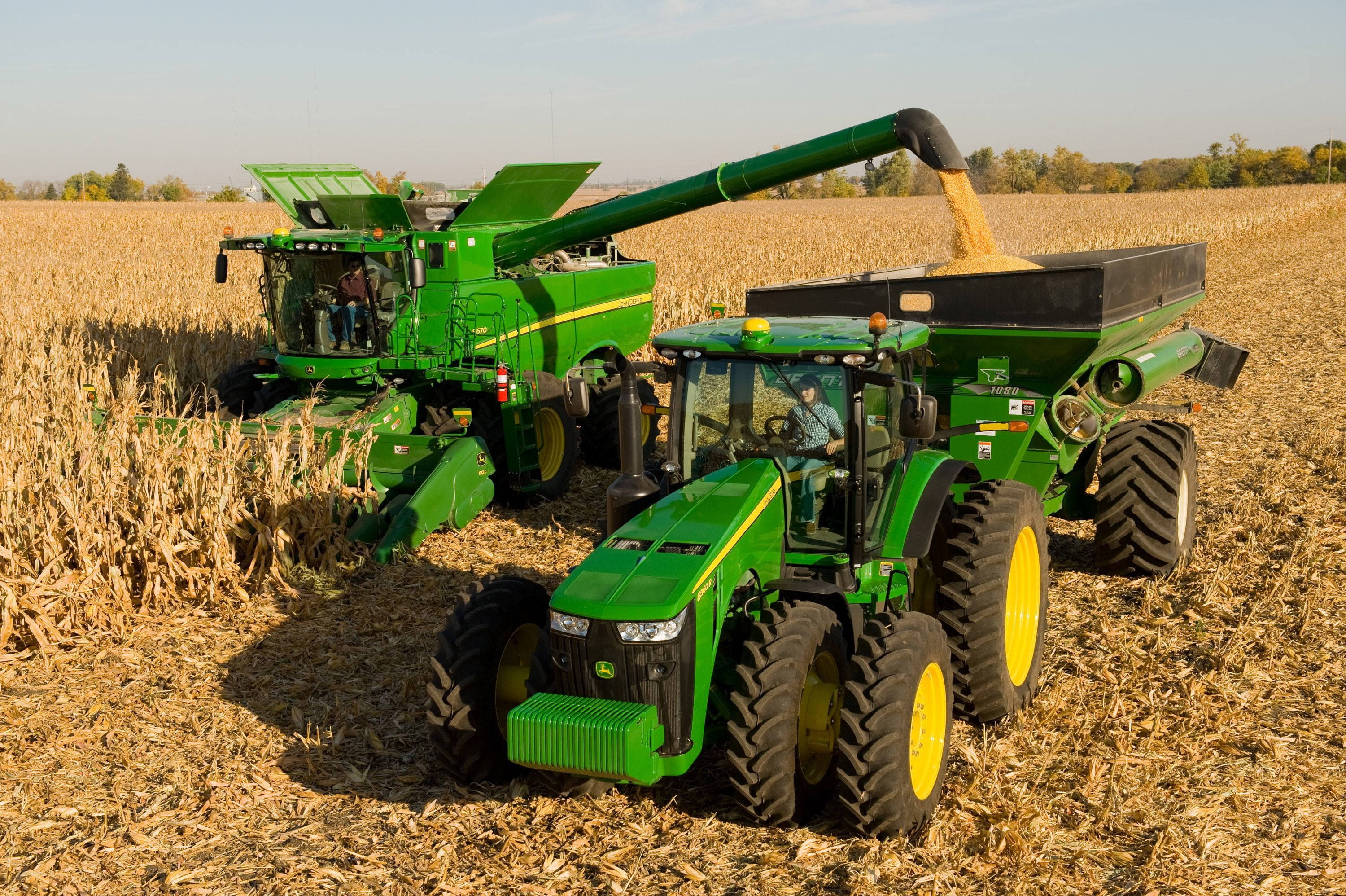 John Deere, combine harvester, golden corn, 2K Desktop Wallpaper