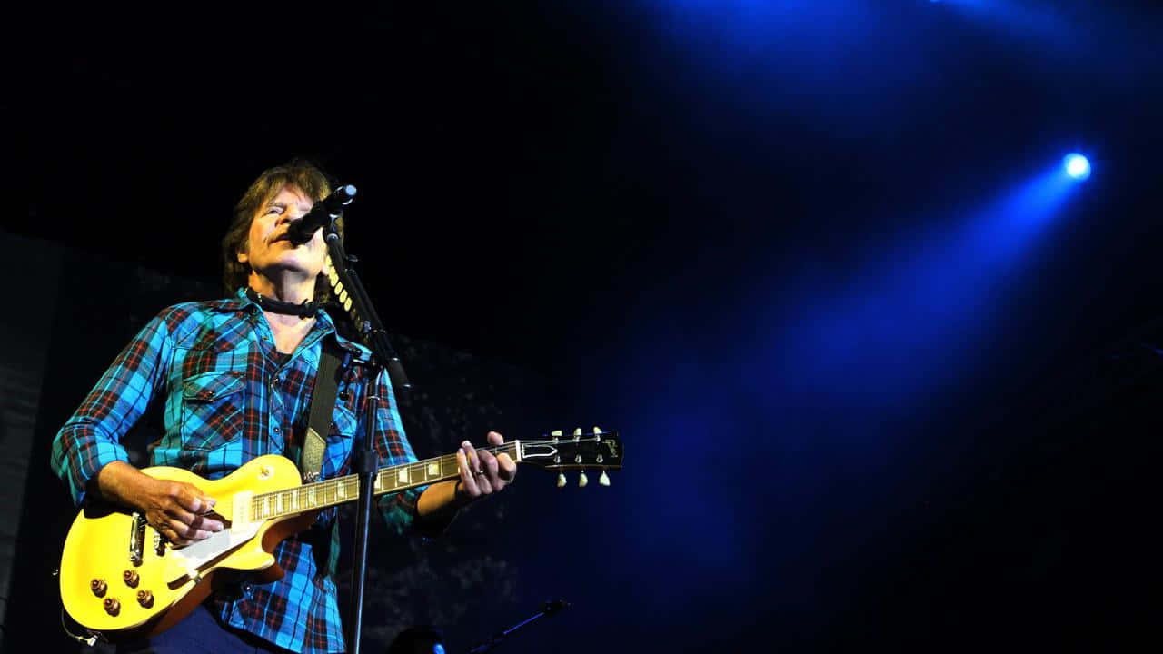 John Fogerty, blue plaid shirt, yellow electric guitar, HD Desktop Wallpaper
