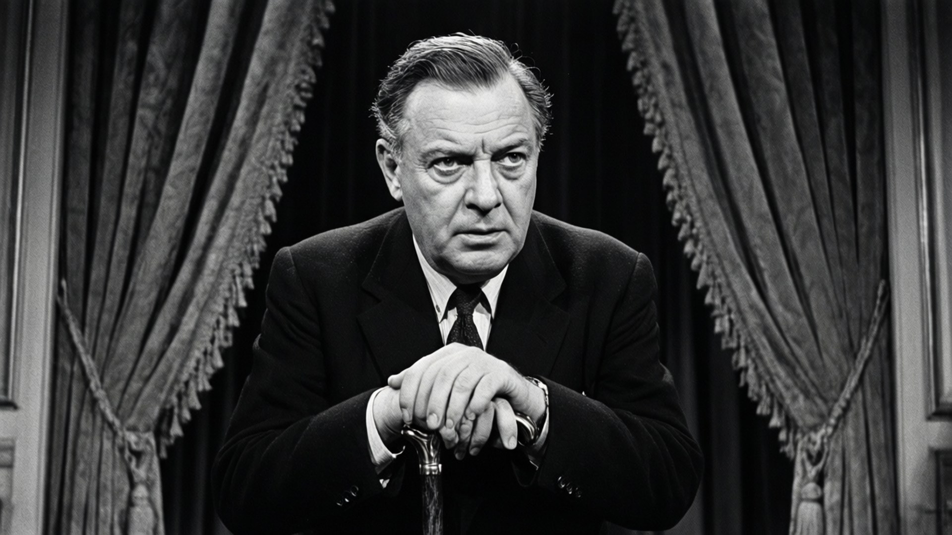 John Gielgud, monochrome portrait, classic cinema style, Full HD Desktop Wallpaper