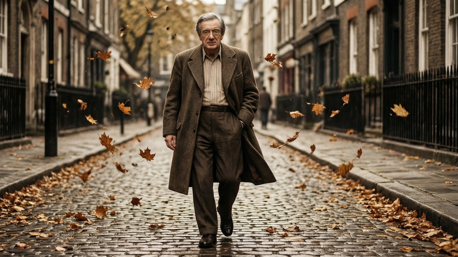 John Gielgud, autumnal London streets, sepia-toned, Full HD Desktop Wallpaper
