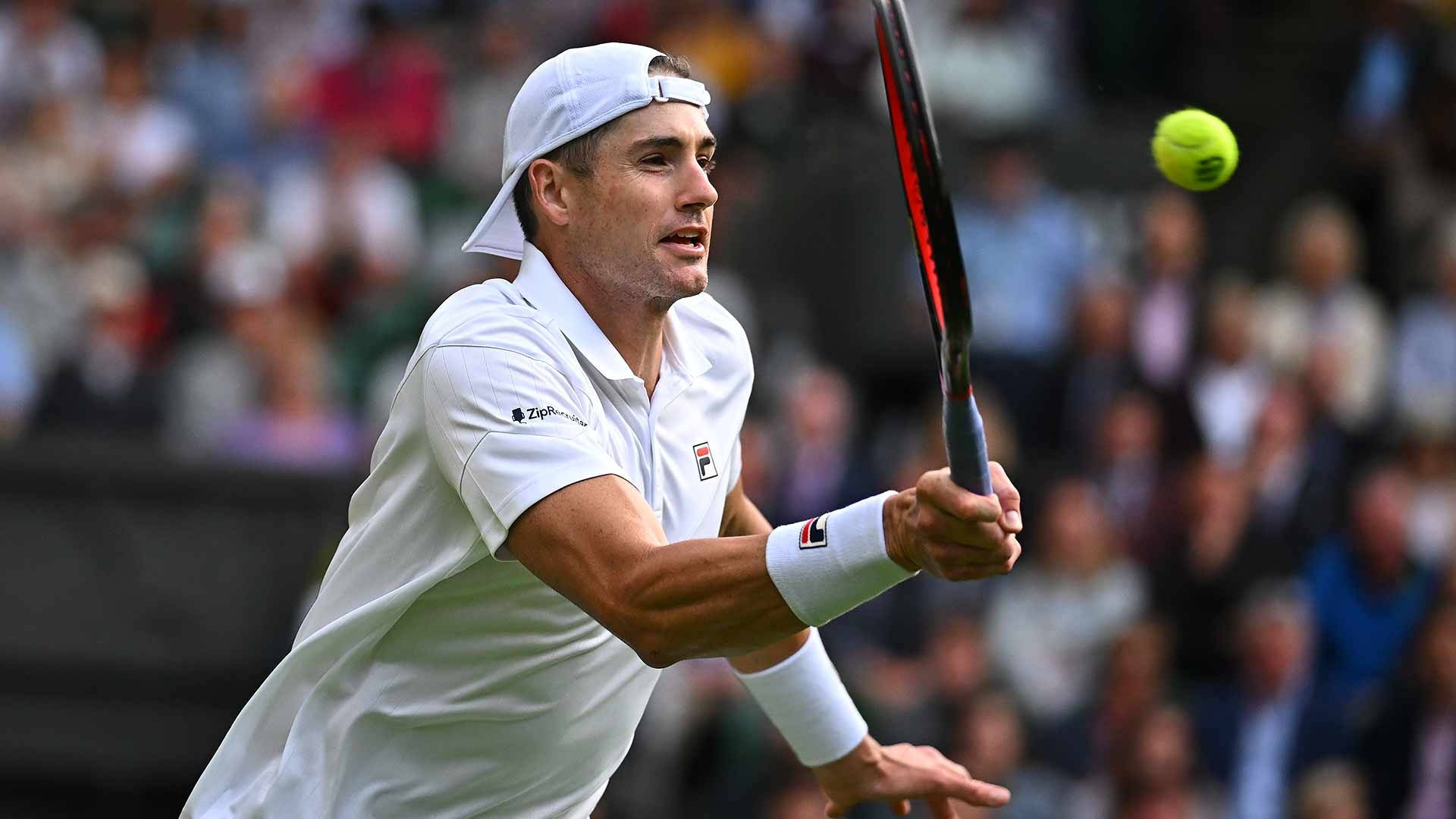 John Isner, white gear, bright yellow ball, Full HD Desktop Wallpaper