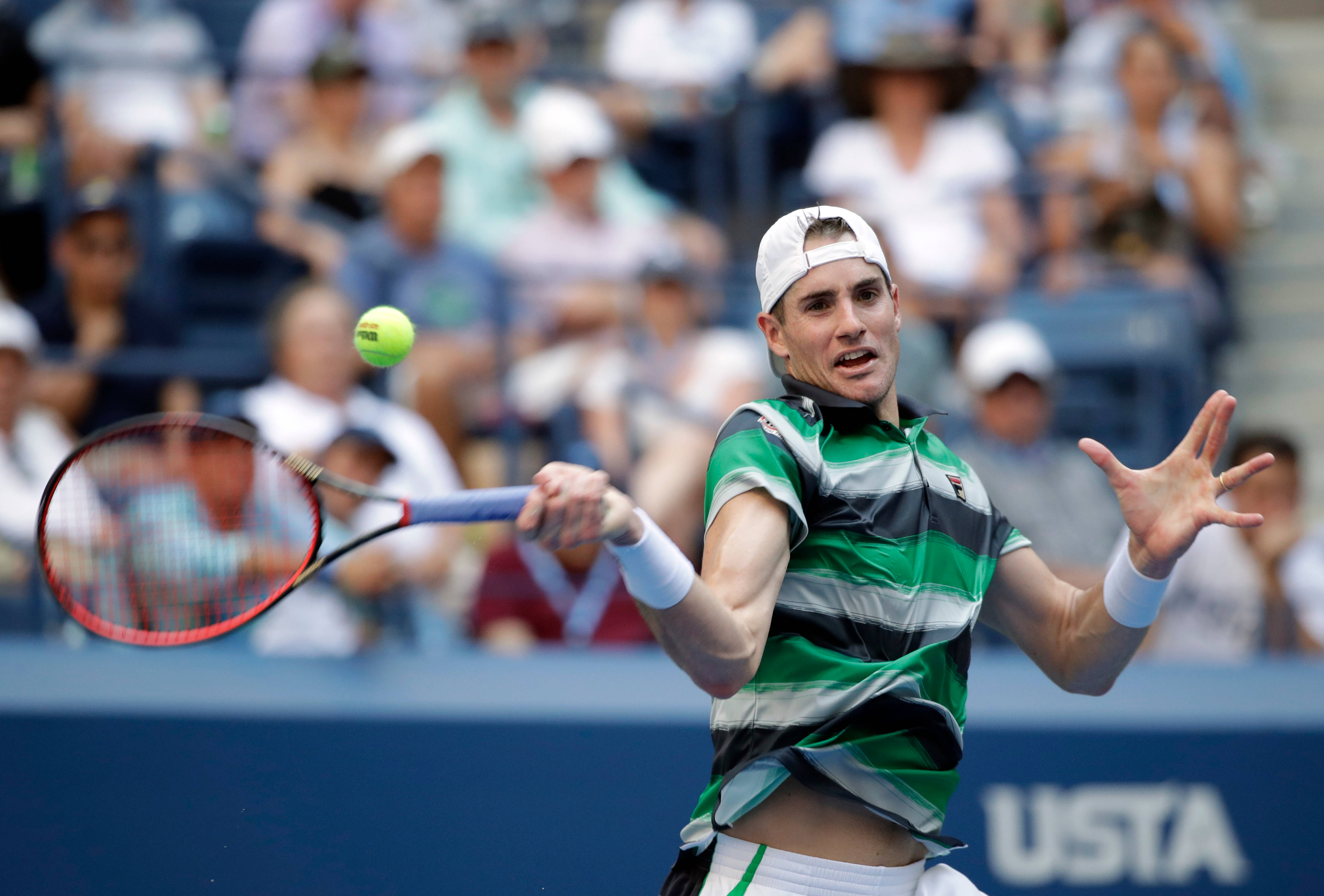 John Isner, green and black stripes, bright yellow ball, 4K Desktop Wallpaper