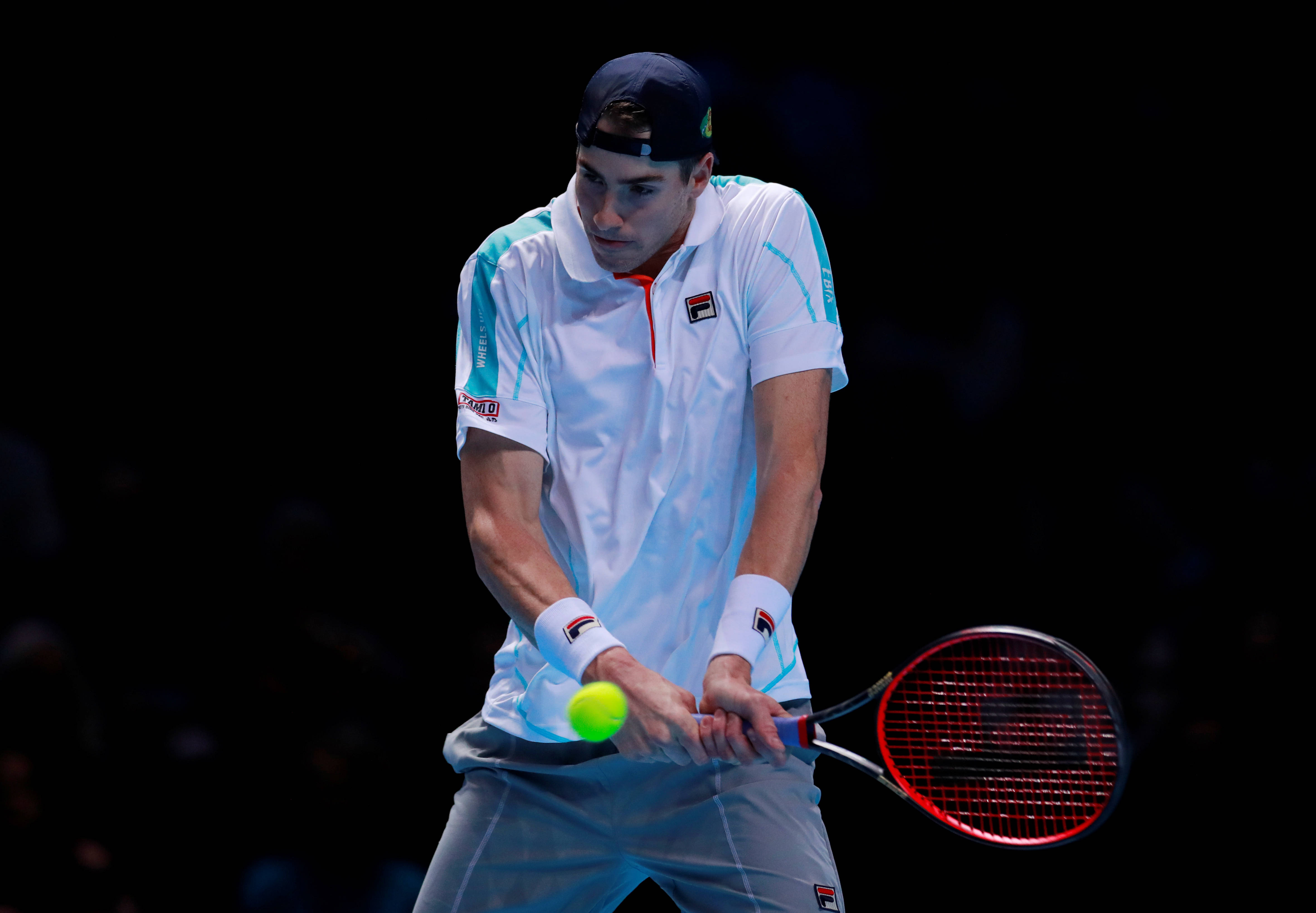 John Isner, white and teal outfit, bright yellow tennis ball, 4K Desktop Wallpaper