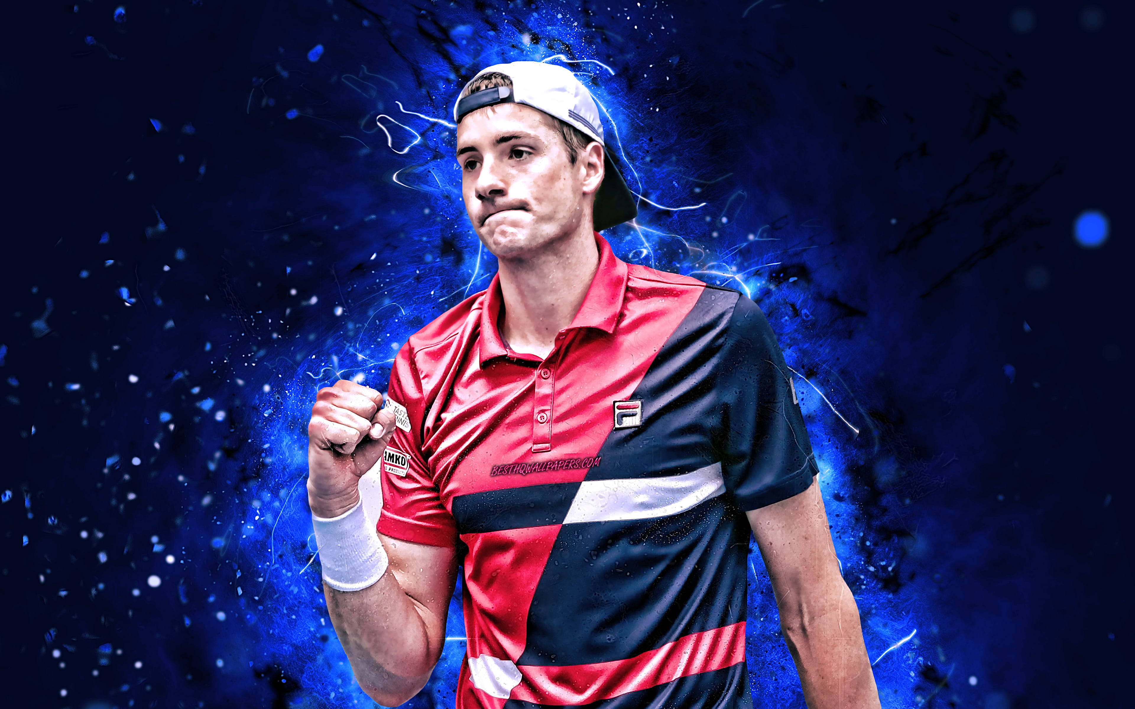 John Isner, red and black gear, vibrant blue electric energy background, 4K Desktop Wallpaper