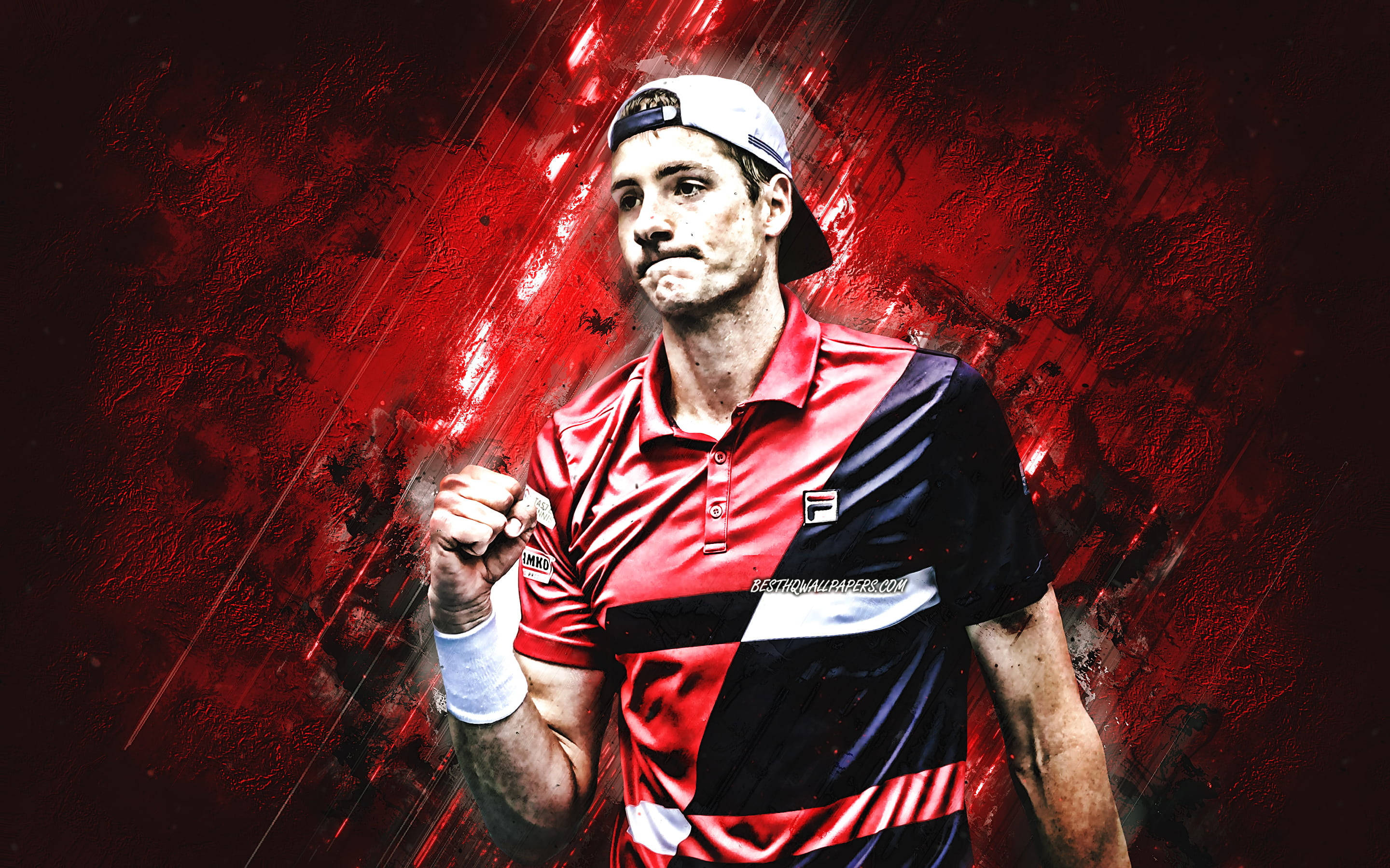 John Isner, red abstract edit, red textured background, 2K Desktop Wallpaper