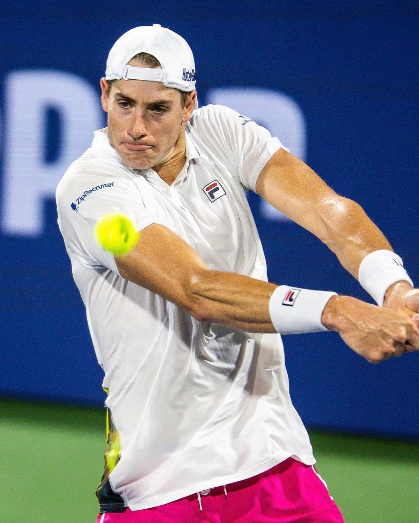 John Isner, white and pink gear, yellow ball, HD Phone Wallpaper