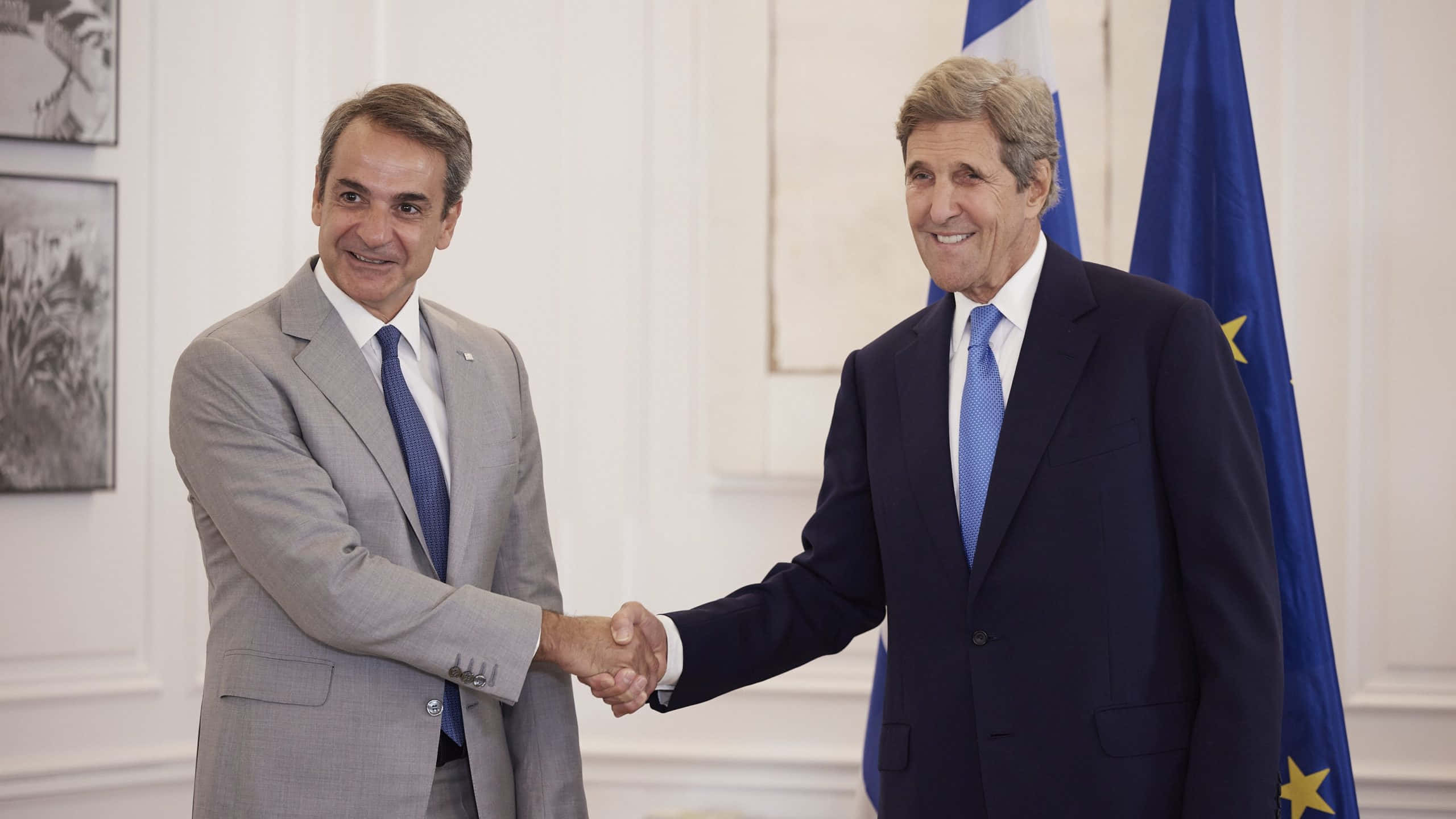 John Kerry, Greek Prime Minister, European Union flags, 2K Desktop Wallpaper