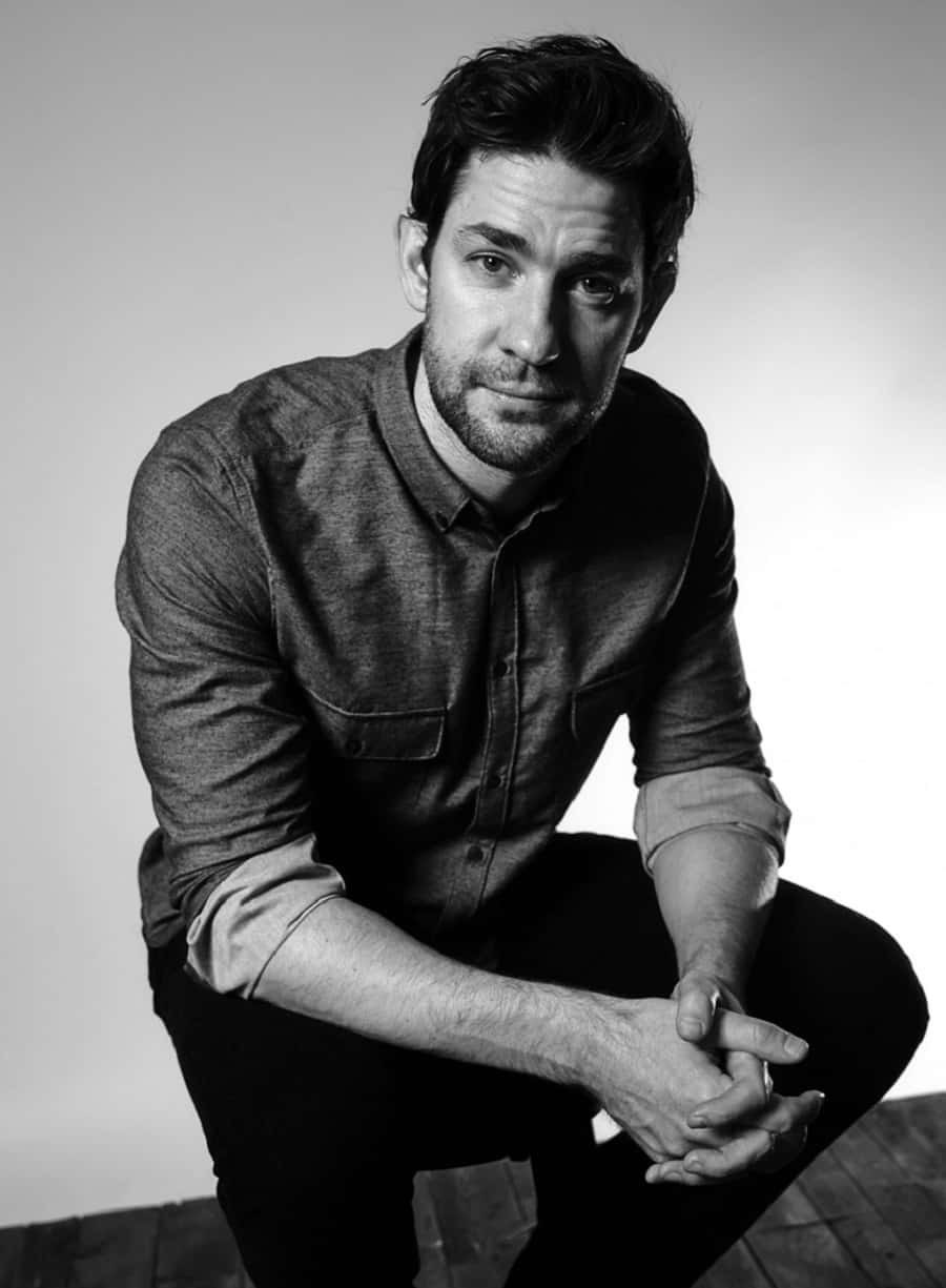 John Krasinski, black and white studio portrait, dark hair, SD Phone Wallpaper