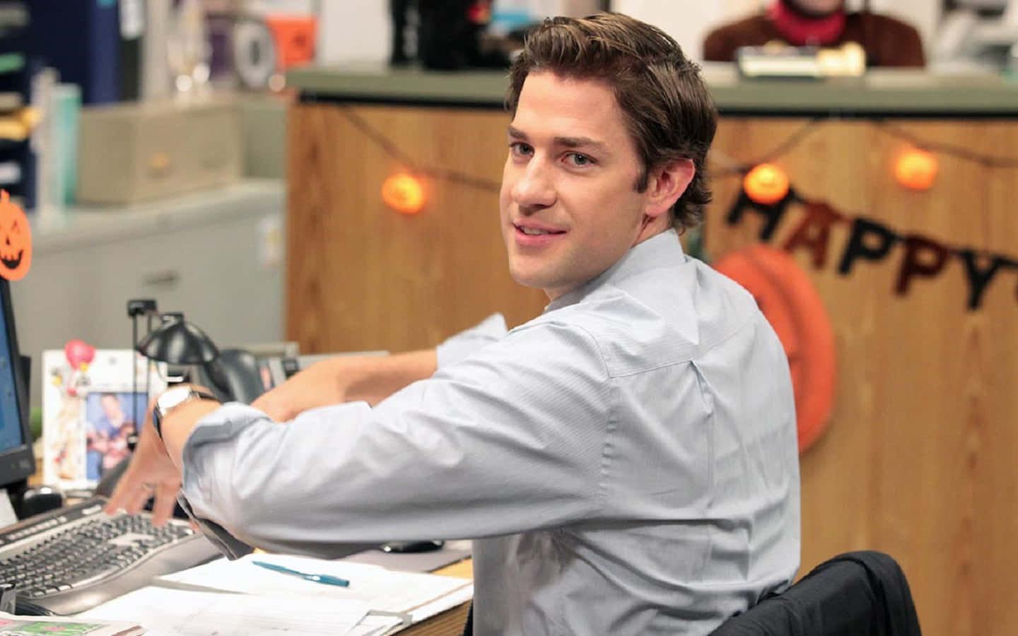 John Krasinski, light blue shirt, Halloween lights, HD Desktop Wallpaper