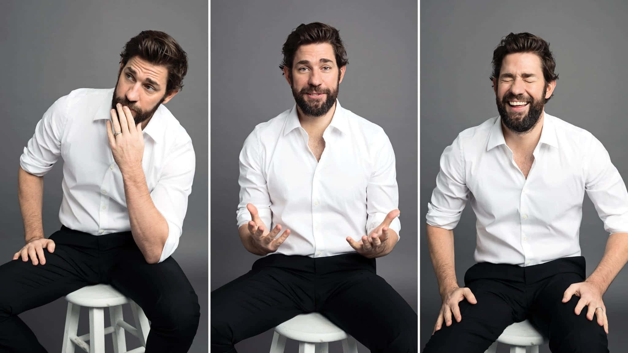 John Krasinski, white shirt, stool, Full HD Desktop Wallpaper