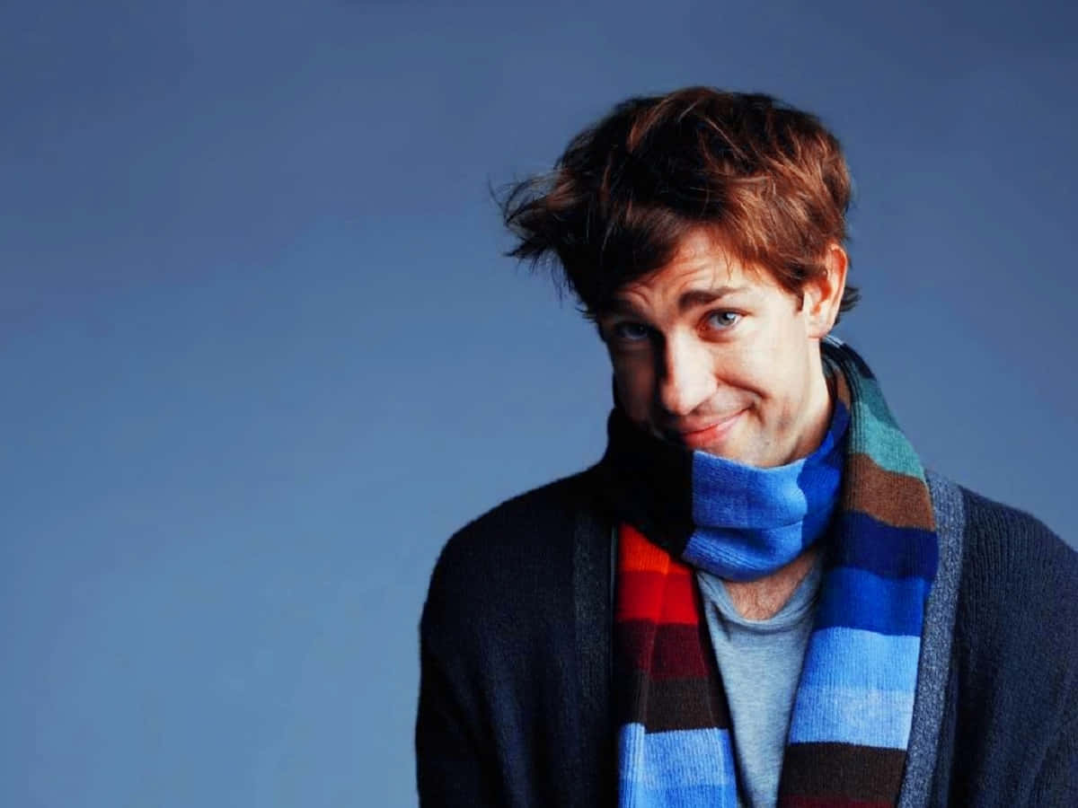 John Krasinski, tousled brown hair, colorful striped scarf, SD Desktop Wallpaper