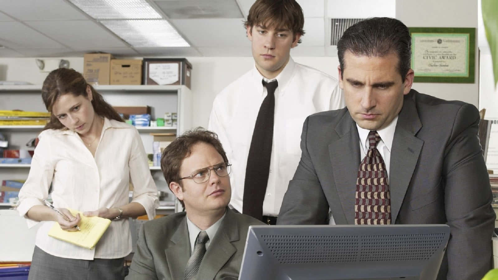 John Krasinski, actor and director, four office workers, HD Desktop Wallpaper