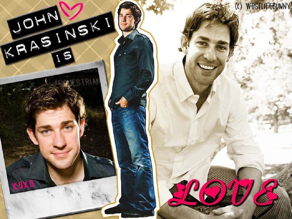 John Krasinski, bold pink love text, vintage photo effect, SD Desktop Wallpaper