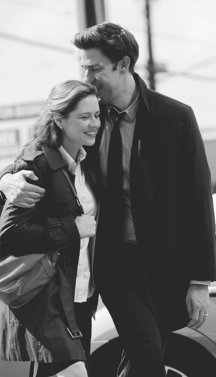 John Krasinski, black and white photo, smiling couple, HD Phone Wallpaper