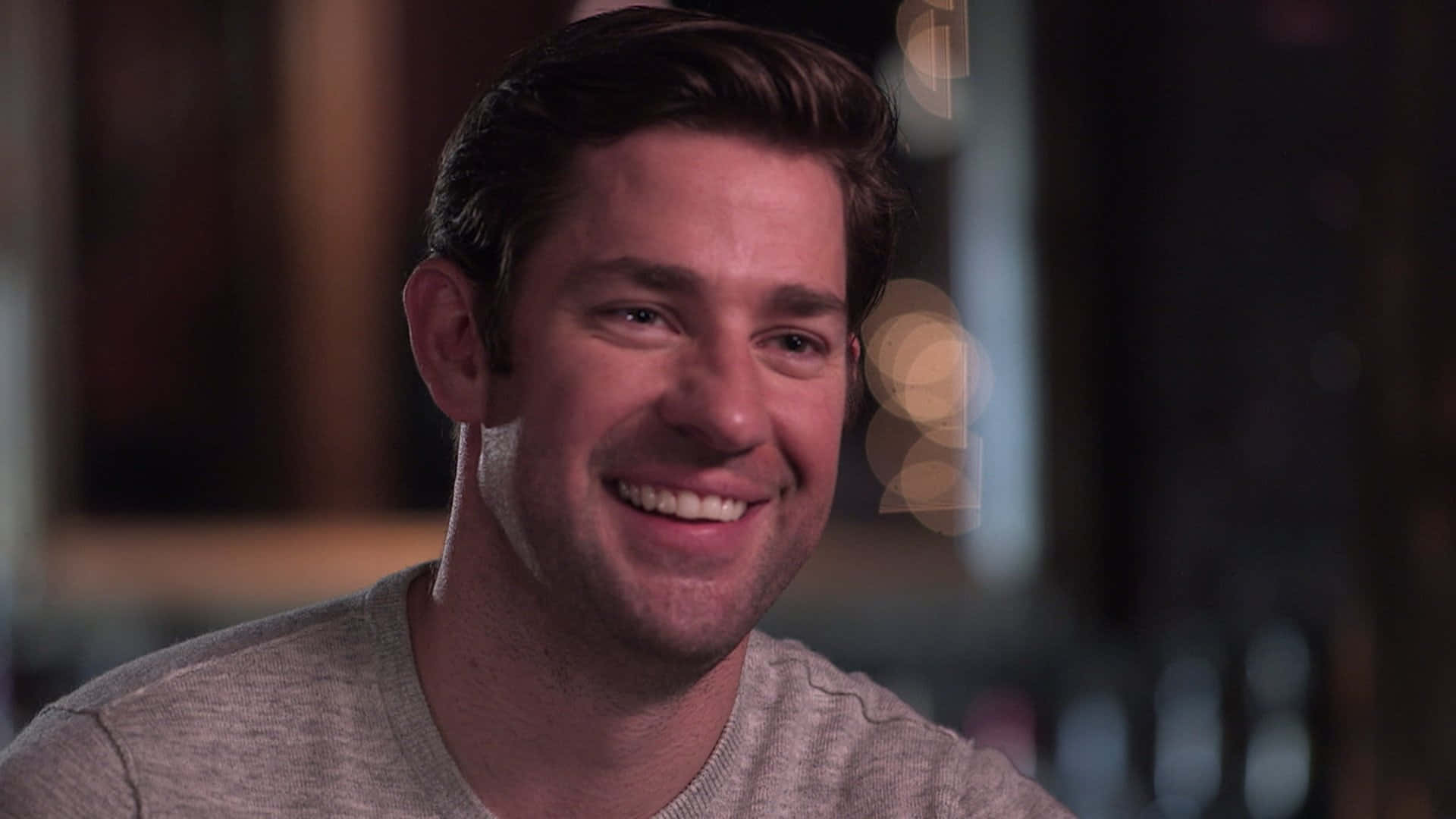 John Krasinski, gray shirt, dark hair, Full HD Desktop Wallpaper