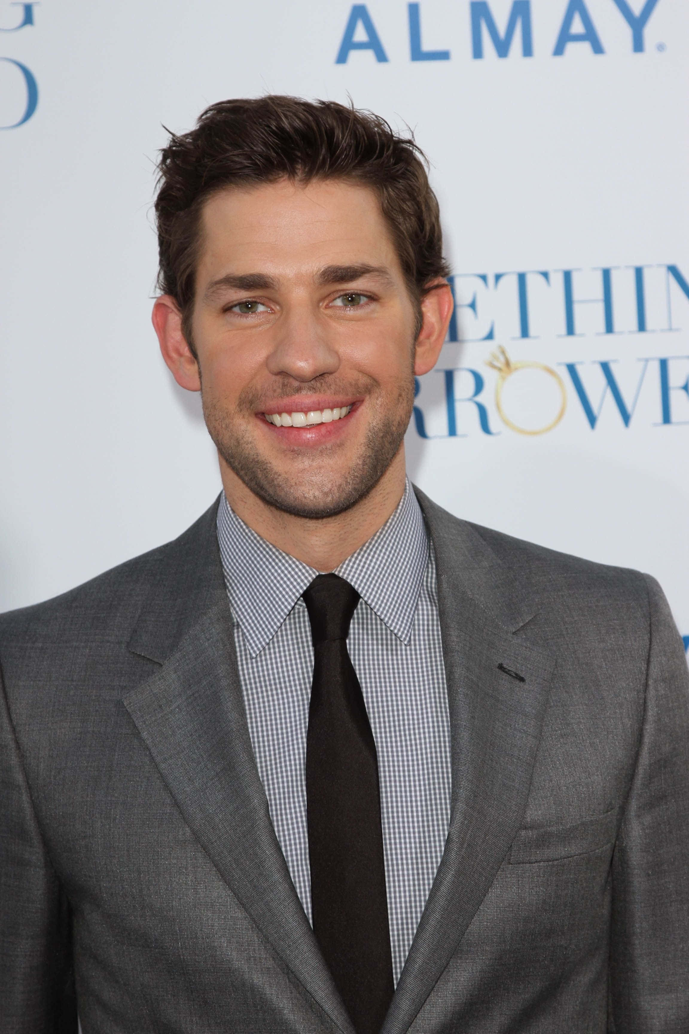 John Krasinski, gray suit, black tie, 2K Phone Wallpaper