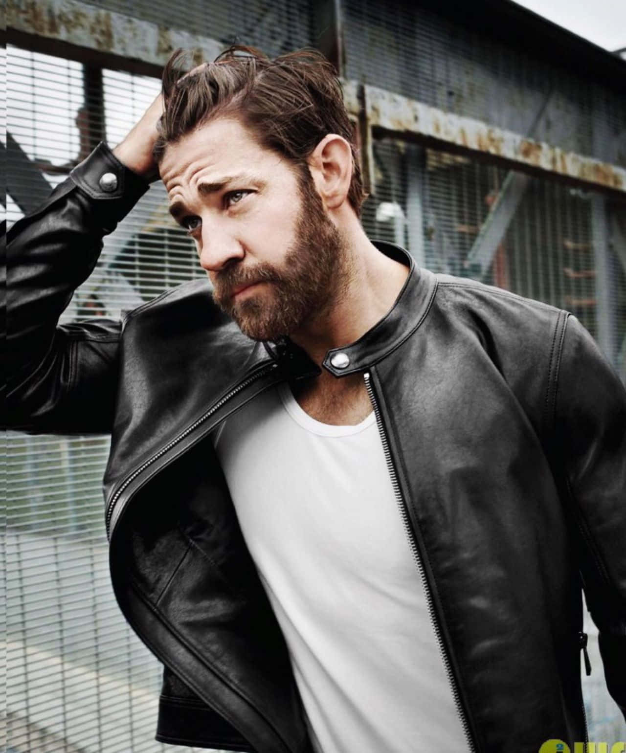 John Krasinski, black leather jacket, rugged bearded man, HD Phone Wallpaper