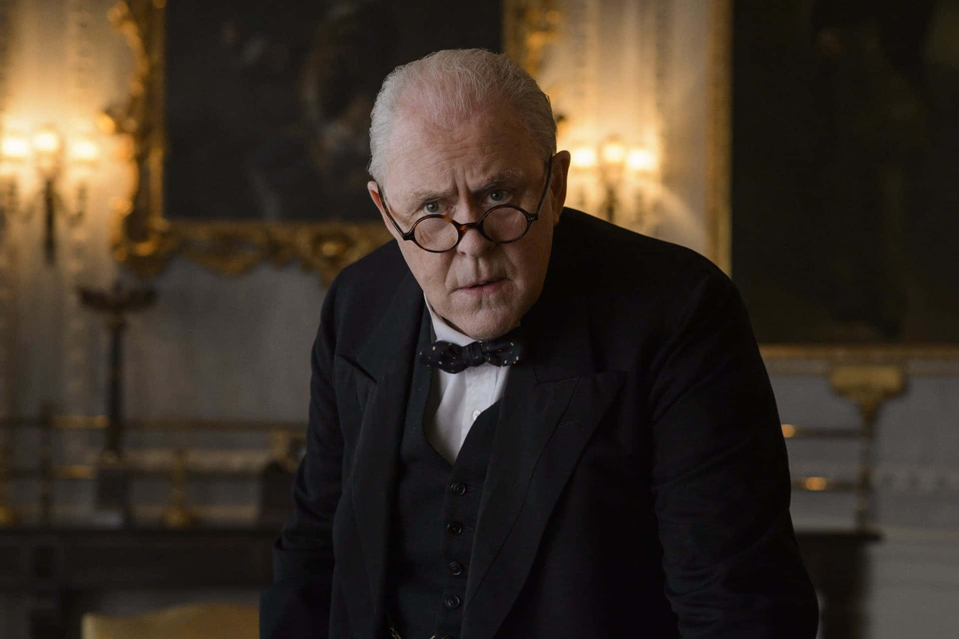 John Lithgow, formal black suit, round glasses, Full HD Desktop Wallpaper