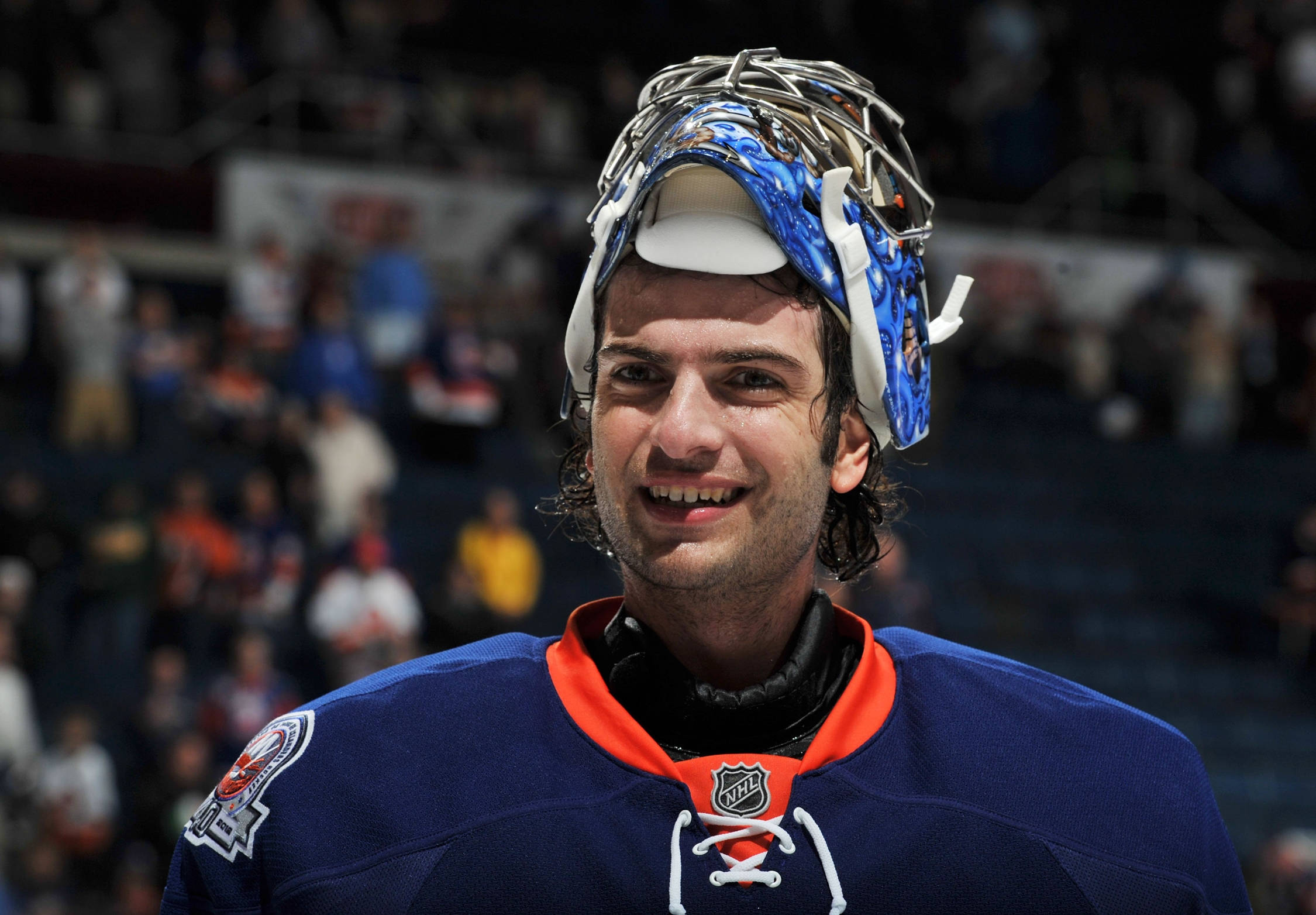 John Tavares, goalie mask, blue and orange gear, Full HD Desktop Wallpaper