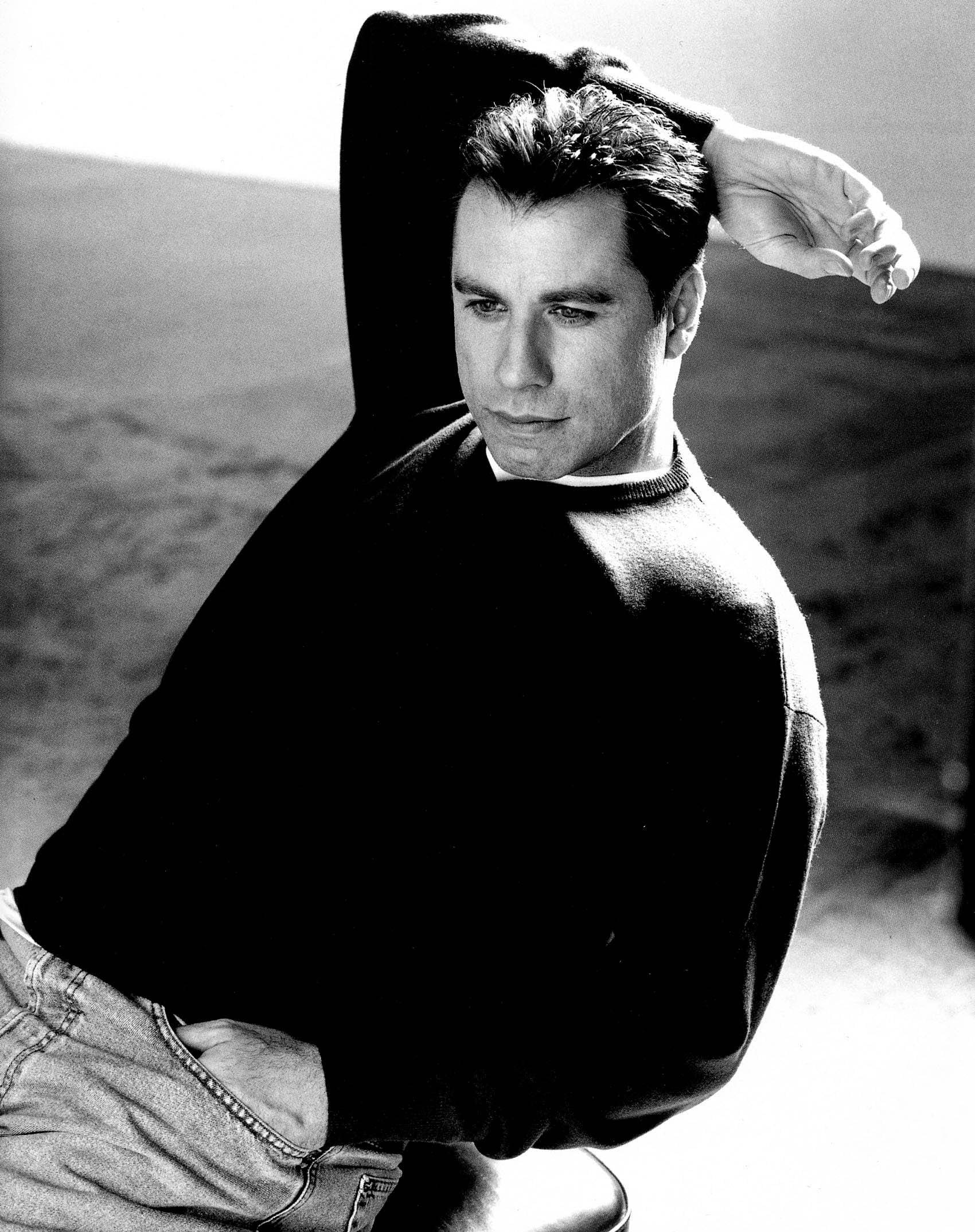 John Travolta, black and white photograph, dark sweater, Full HD Phone Wallpaper