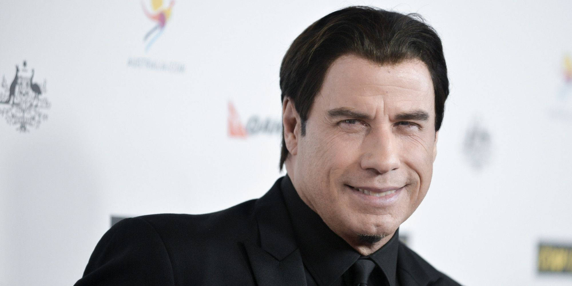 John Travolta, black suit, white event backdrop, Full HD Desktop Wallpaper