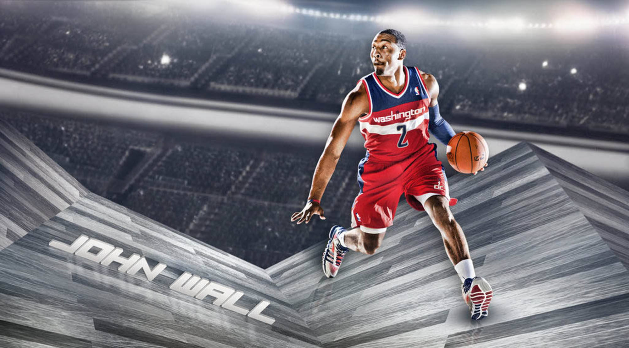 John Wall, red Washington jersey, dribbling a ball mid-air, Full HD Desktop Wallpaper