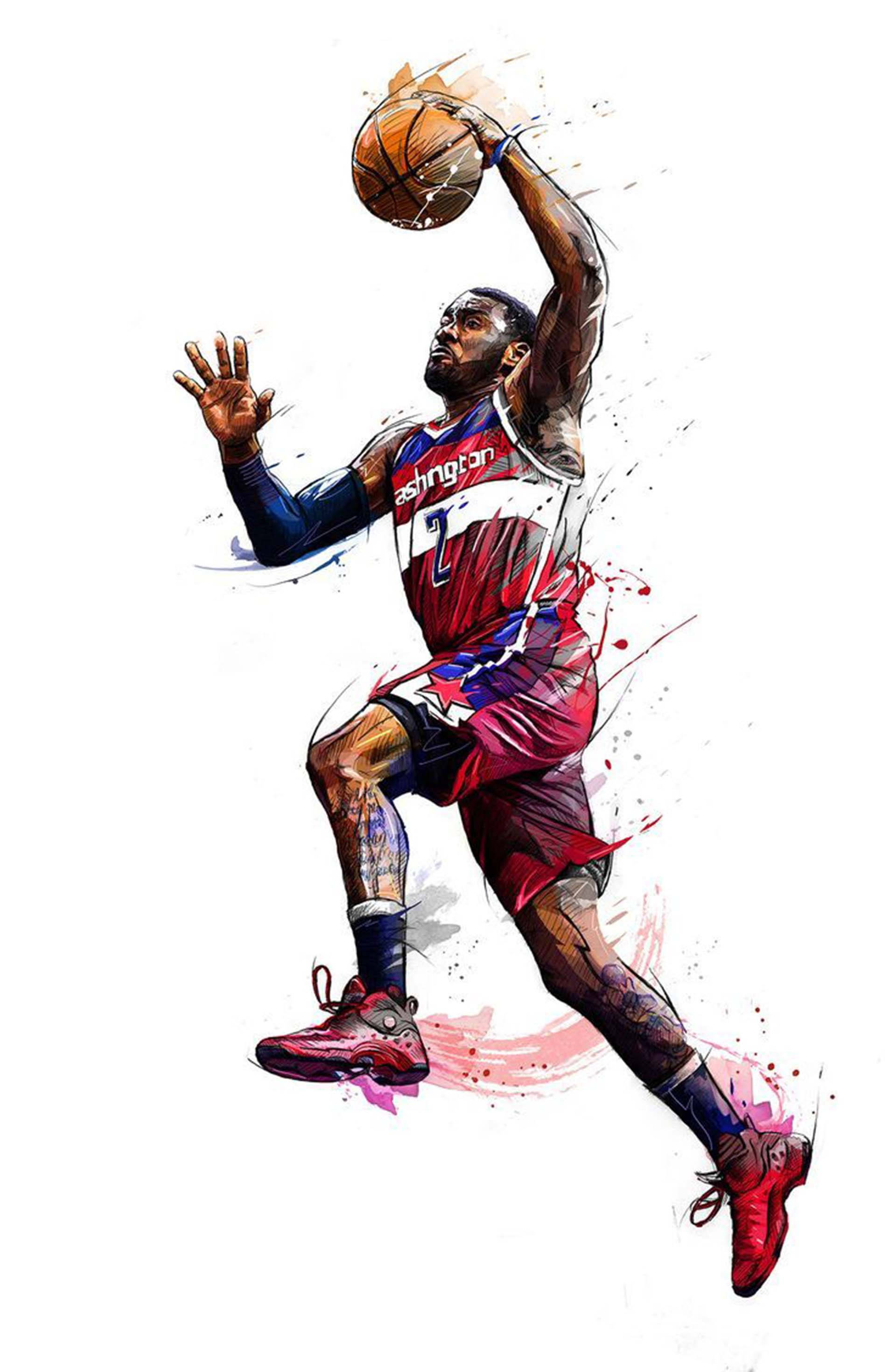 John Wall, basketball player, watercolor illustration, 2K Phone Wallpaper