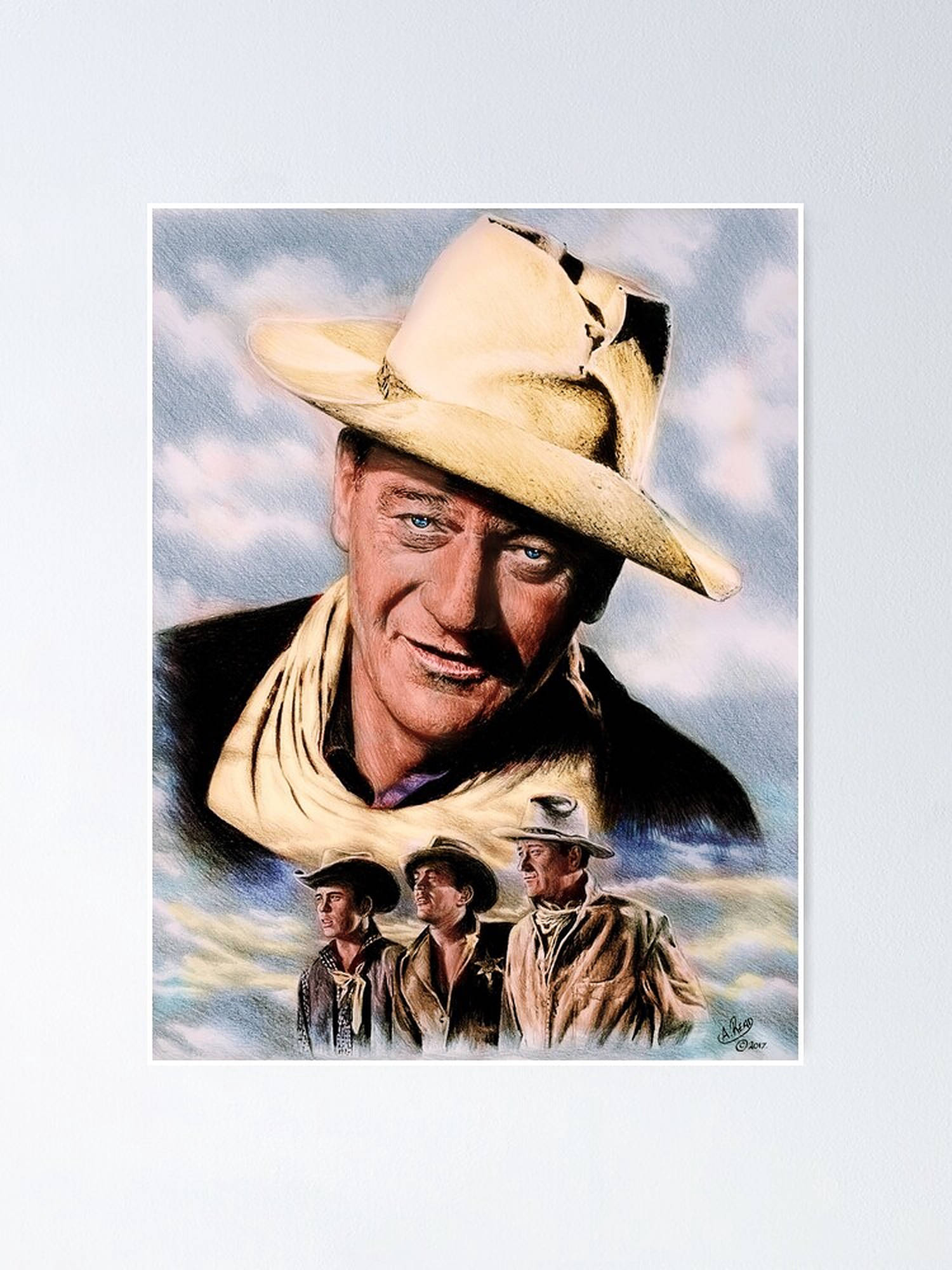 John Wayne, cloudy sky, smiling cowboy, Full HD Phone Wallpaper