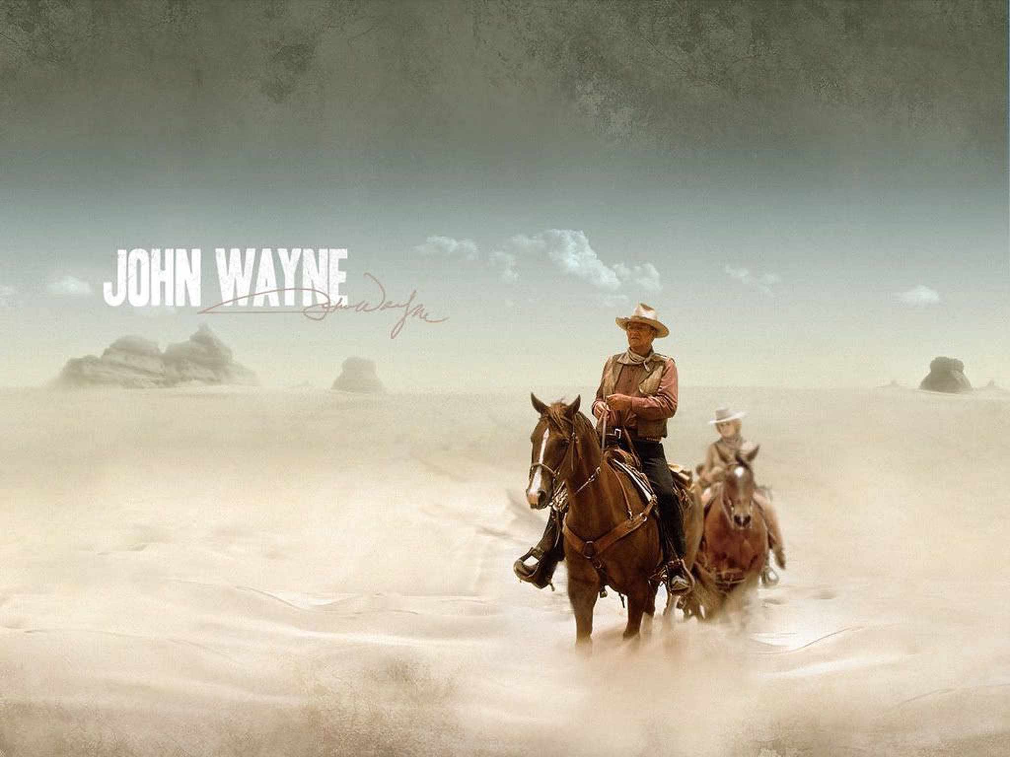 John Wayne, two horses, dusty desert landscape, Full HD Desktop Wallpaper