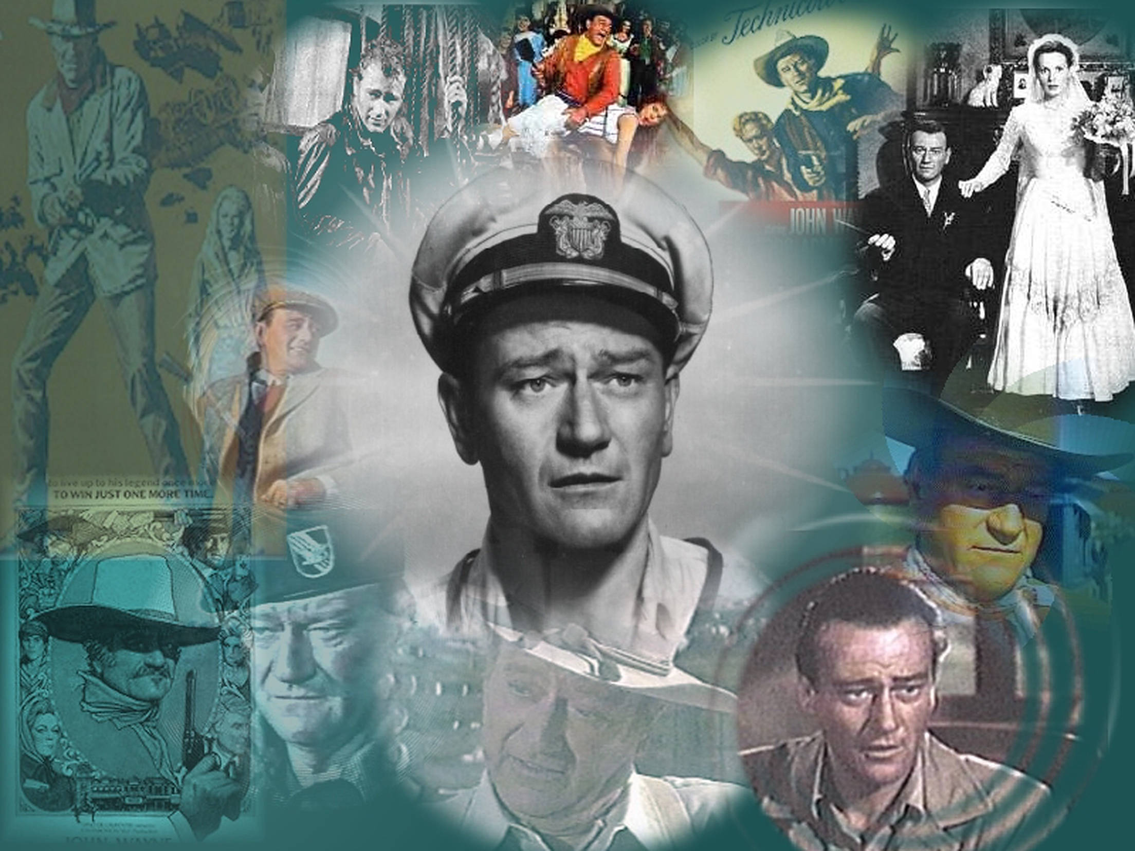 John Wayne, monochrome, teal tint, Full HD Desktop Wallpaper